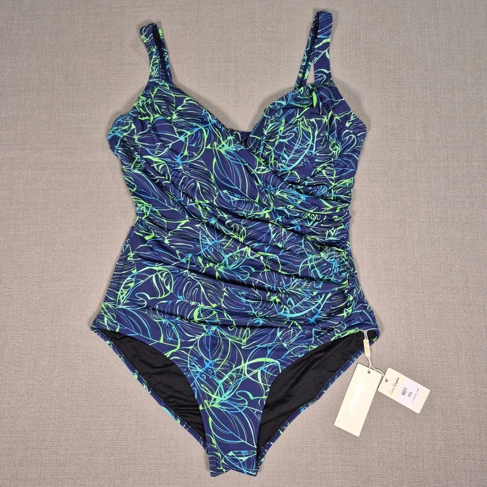 Aqua Regina Womens Tropical Leaf Ruched One Piece Swimsuit Blue Green XXL NEW